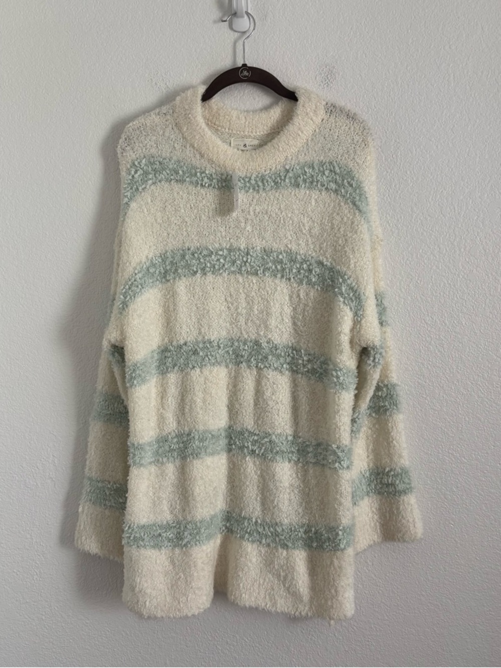 NWT Lou & Grey Women's Size Large Cream/Green Striped Fuzzy Sweater